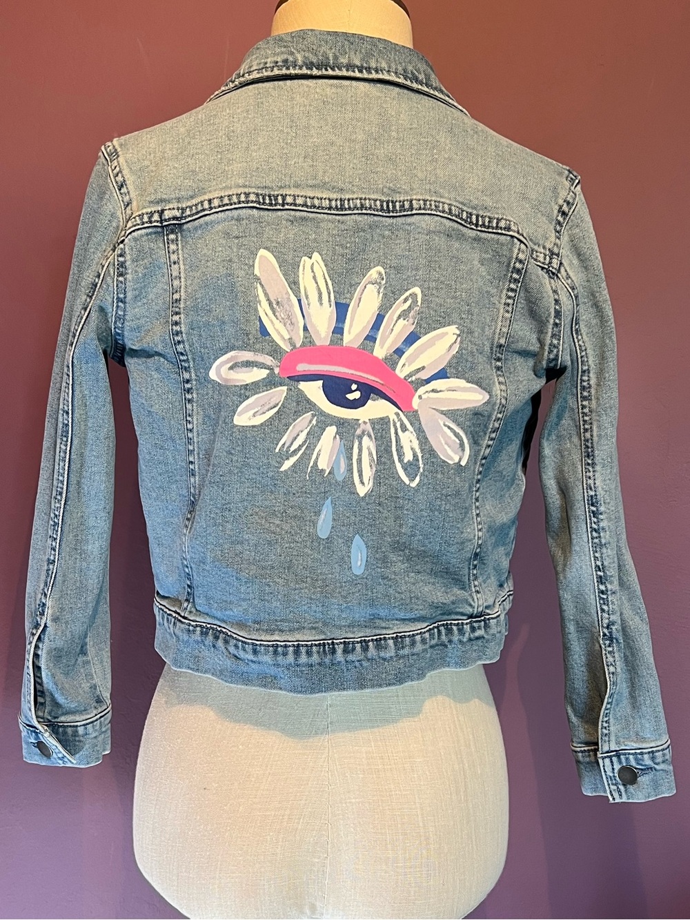 🩵Nordstrom x Cristina Martinez Girls Denim Jacket Hand-Painted Eye • Size 8-10 M